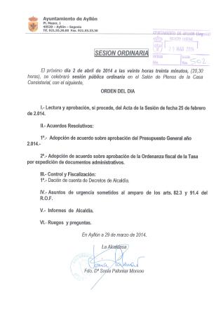 Imagen CONVOCATORIA SESIÓN ORDINARIA 2-04-2014