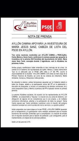 Imagen AYLLON CAMINA APOYARÁ LA INVESTIDURA DE MARÍA JESÚS SANZ, CABEZA DE LISTA DEL PSOE EN AYLLÓN